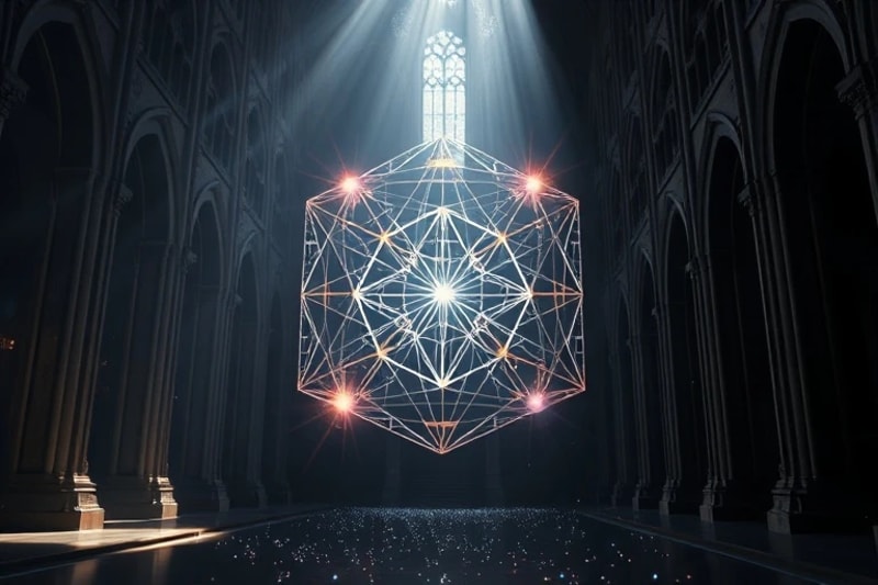 Red compleja de líneas y nodos luminosos formando un Cubo de Metatrón dinámico en un vacío oscuro, con partículas de luz fluyendo por sus caminos.