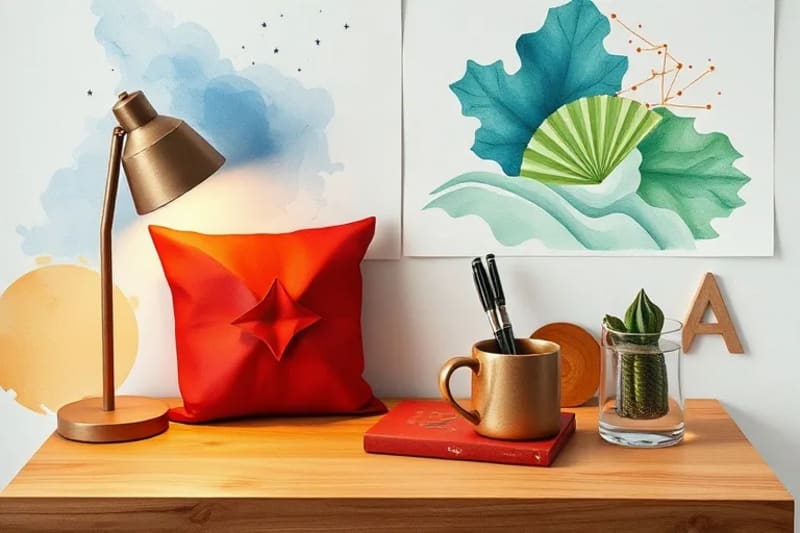 Representación artística de los cinco elementos del Feng Shui en un espacio de trabajo