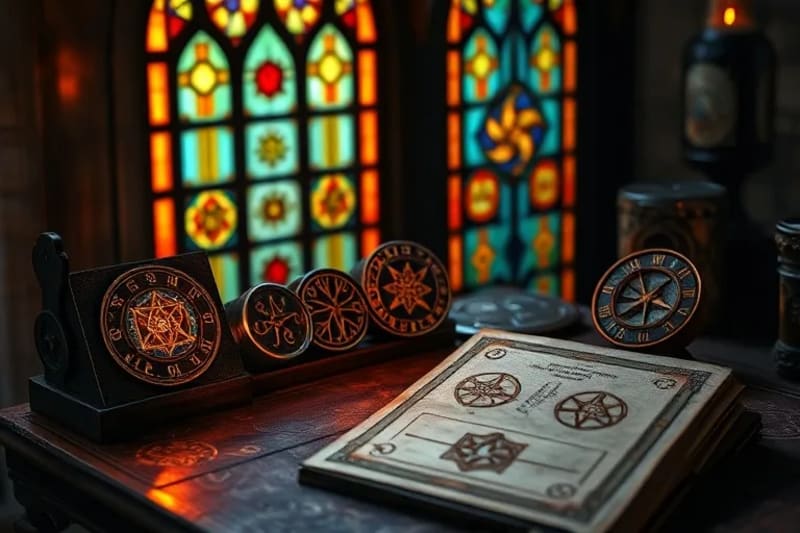 Intricately designed sigils glowing on an antique wooden table next to an open grimoire