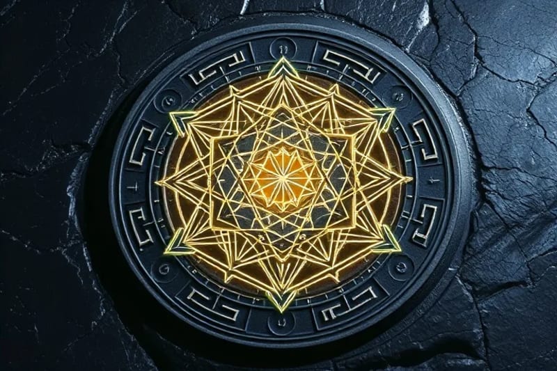 Abstract representation of sound waves emanating from ancient, stylized glyphs carved into dark stone