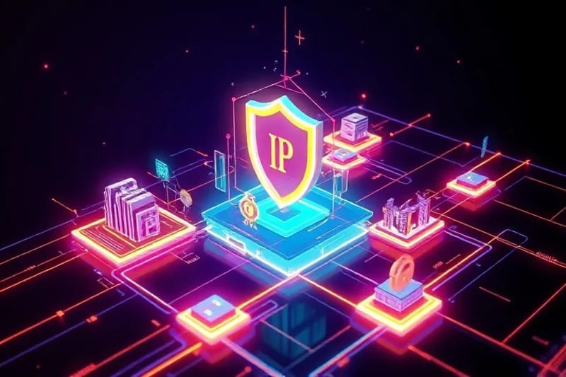 Ilustración vectorial de diversos activos digitales como avatares, terrenos virtuales y NFTs, interconectados por una red blockchain, con un icono de seguridad que simboliza la protección de la propiedad intelectual.
