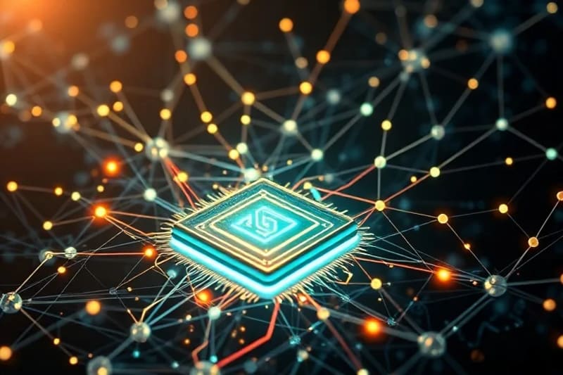 Representación abstracta en 3D de una estructura legal compleja con nodos interconectados y líneas de luz que encierran objetos virtuales, simbolizando la protección de la propiedad intelectual en un espacio digital infinito.