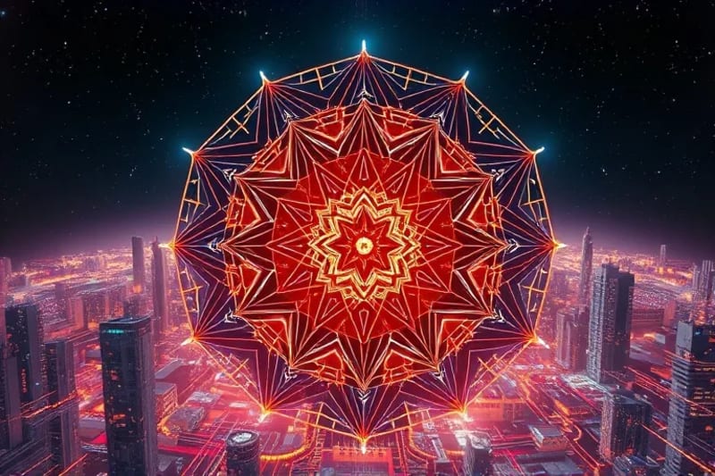 An abstract representation of digital trends. Interlocking geometric shapes and glowing circuits form a complex cityscape, symbolizing the digital infrastructure. Tiny, stylized human figures are visible interacting with holographic interfaces, illustrating data consumption and generation.