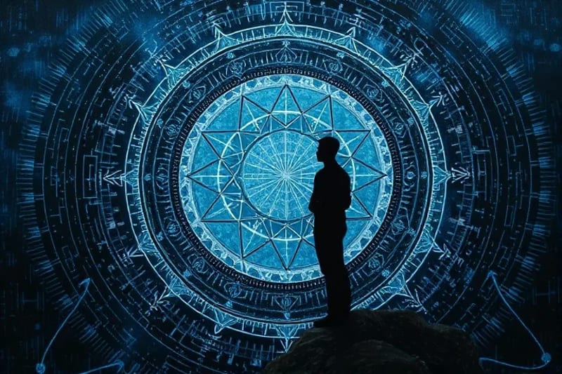 A contemplative scene depicting the ethical considerations of AI in society. A lone, stylized human silhouette stands before a shimmering, translucent wall of data, its reflection distorted by algorithmic patterns. The background features a subtle blend of ancient philosophical symbols and modern circuit board motifs.