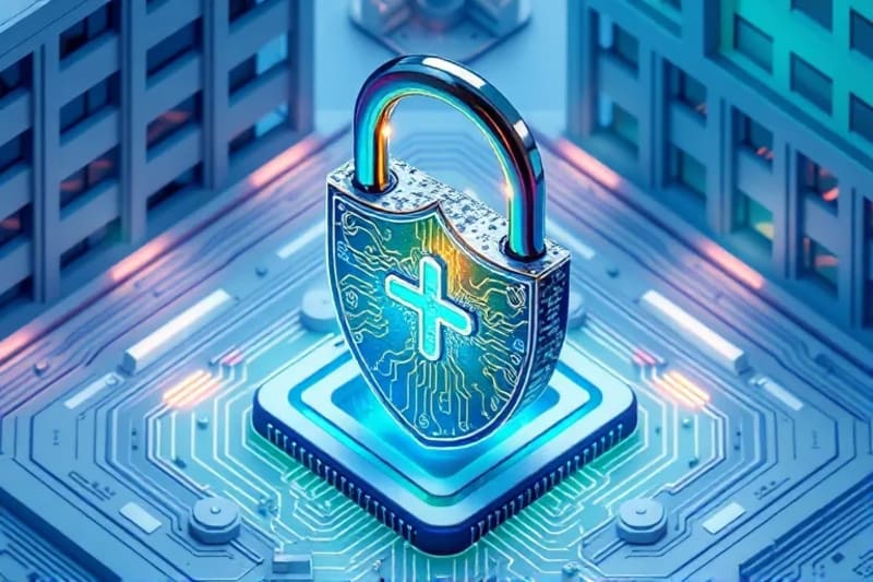 Un candado digital estilizado con un aura protectora, rodeado de símbolos de fe y códigos de seguridad, sobre un fondo abstracto de circuitos urbanos.