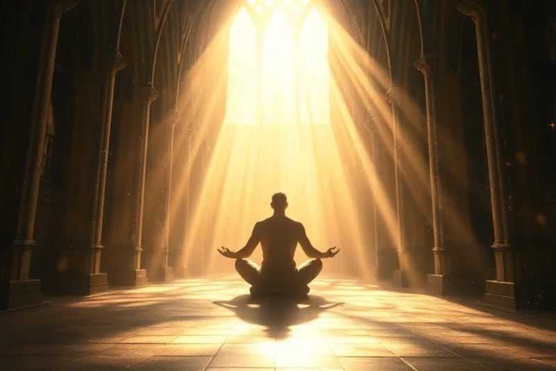Una figura humana estilizada meditando, rodeada de símbolos de oración y códigos binarios que se transforman en luz, en un espacio digital etéreo.