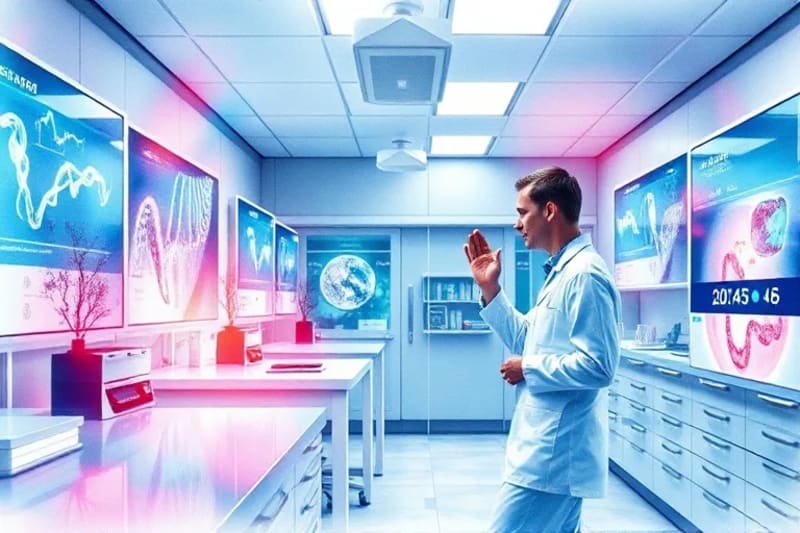 Representación 3D de un laboratorio futurista con pantallas holográficas de datos genéticos