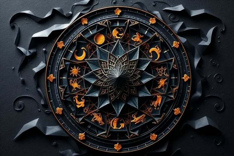 Representación artística de un mapa astral integrando energías oscuras y luminosas.