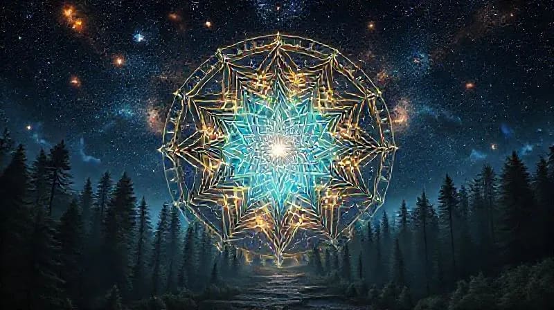 Representación de un camino iluminado que emerge de la oscuridad hacia la claridad estelar.