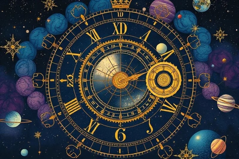 Intricate cosmic clockwork with planets as gears, symbolizing astrological mechanics