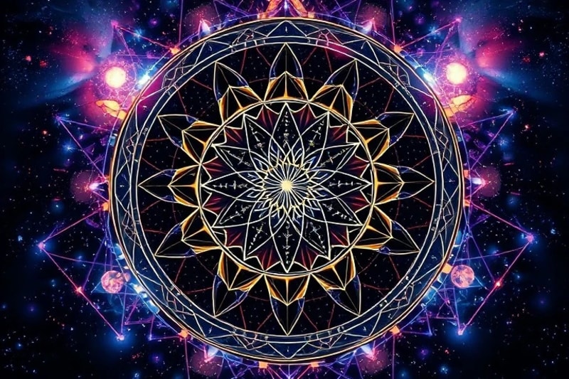 Abstract 3D render of dynamic light and shadow forming geometric patterns, symbolizing astrological aspects