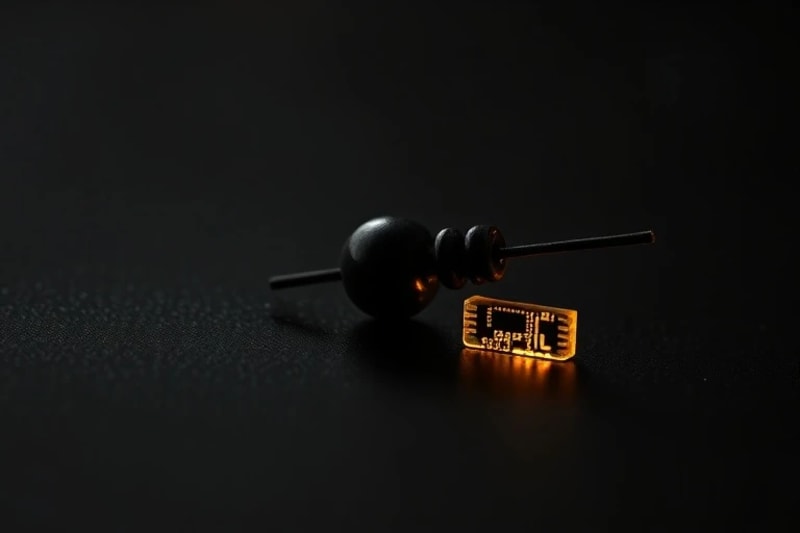 Macro shot of an ancient stone abacus bead next to a glowing circuit board fragment