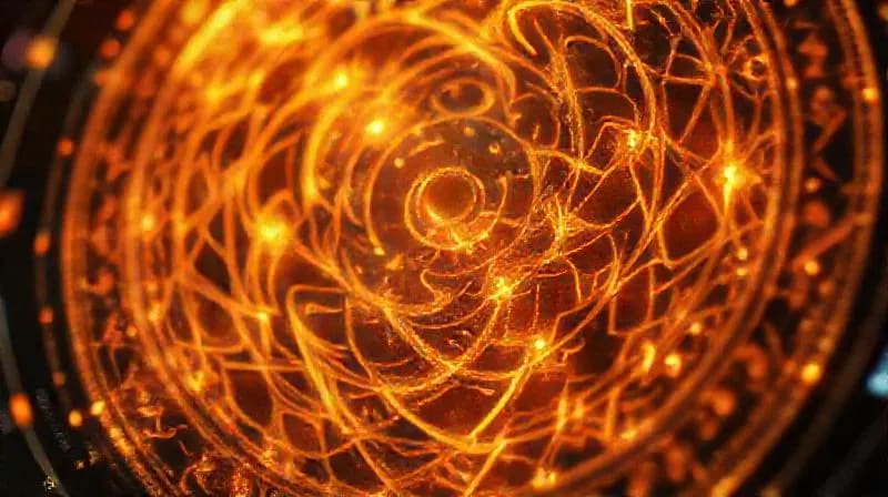 Patrón fractal digital con espirales doradas y estructuras cristalinas
