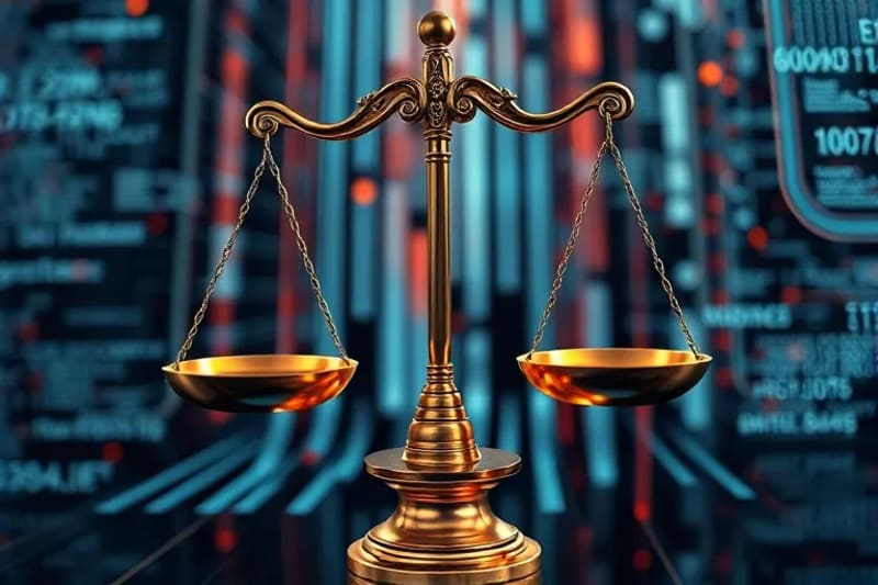 Balanza de la justicia con pincel y código, simbolizando el equilibrio legal en el arte digital