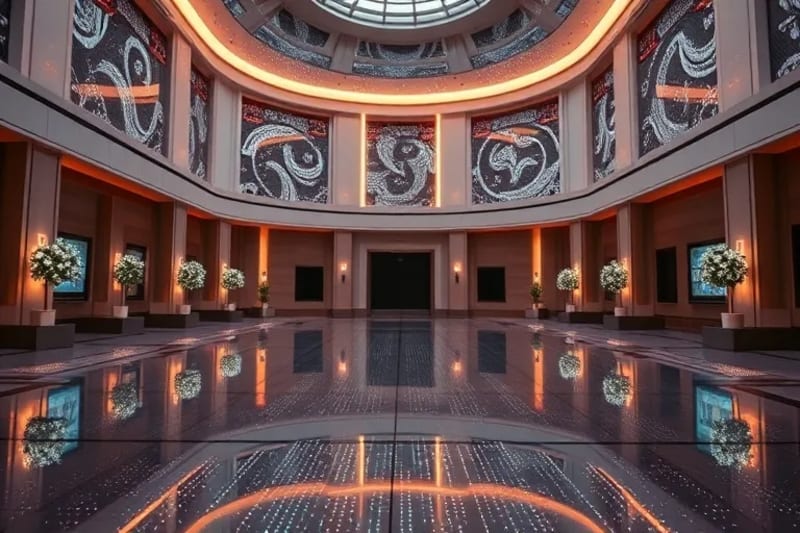 Sala de tribunal futurista con proyecciones holográficas de algoritmos y arte digital