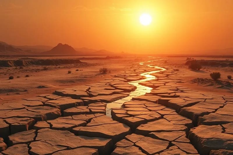 Oil painting depicting a parched riverbed in a desert landscape, symbolizing water scarcity and potential conflict