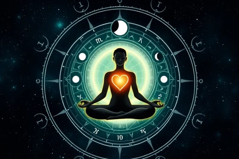 Stylized illustration of a meditating person with lunar phases and zodiac glyphs