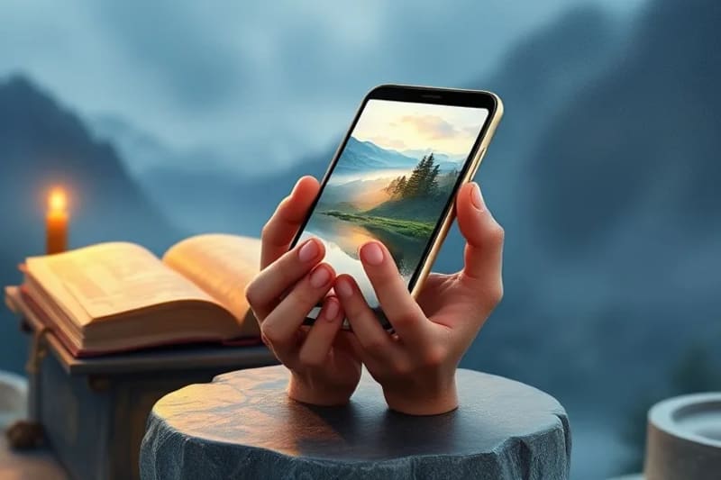 Manos sosteniendo un smartphone con una pantalla que muestra un paisaje de acuarela sereno, simbolizando la integración de la tecnología con la paz interior.