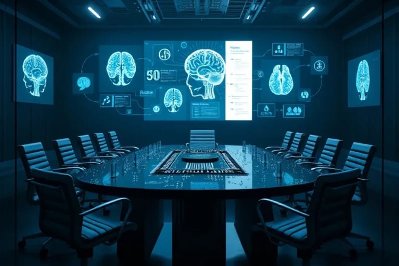 Mesa de debate futurista con hologramas de datos cerebrales y legales
