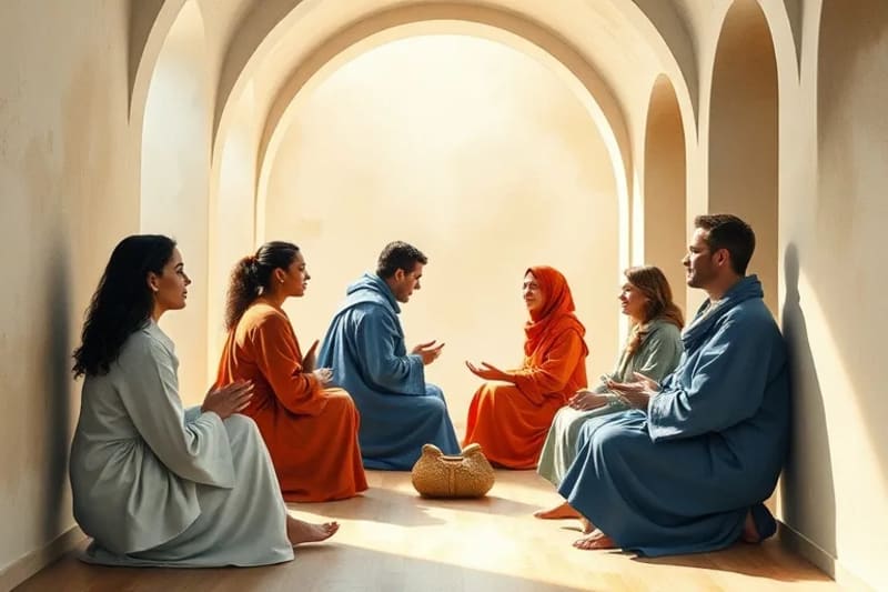 Personas de diversas edades y orígenes meditando en un espacio minimalista de una ermita urbana, con luz natural y detalles arquitectónicos sutiles.