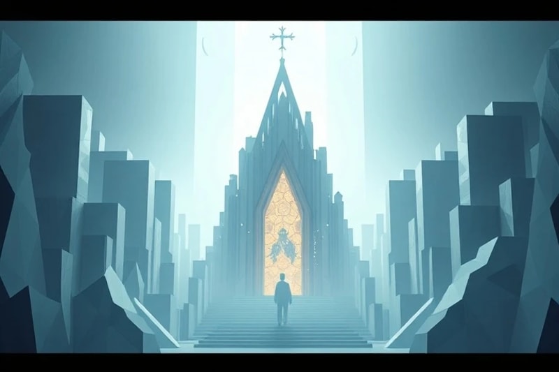 Representación abstracta en 3D de luz y formas geométricas que simbolizan la conexión espiritual en un entorno urbano complejo.