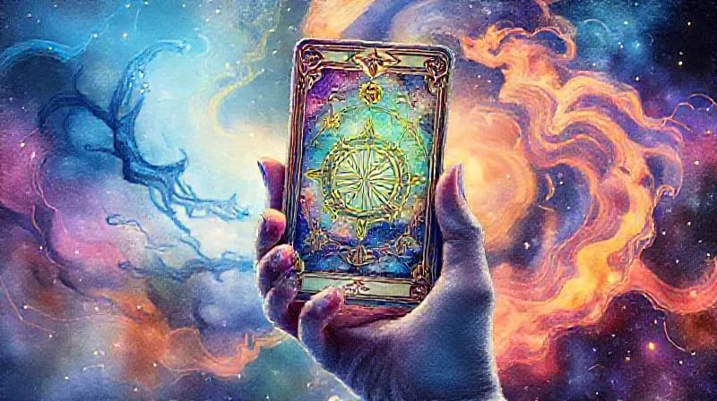 Watercolor illustration of a hand holding a Tarot card, with elemental colors blending in the background.