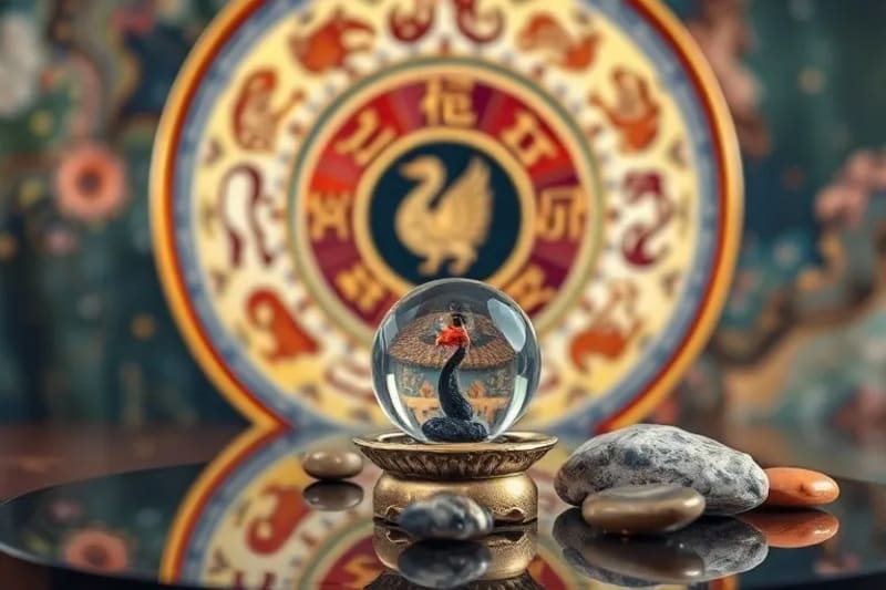 3D render of various Feng Shui tools like a Bagua mirror, crystal sphere, and miniature water fountain.