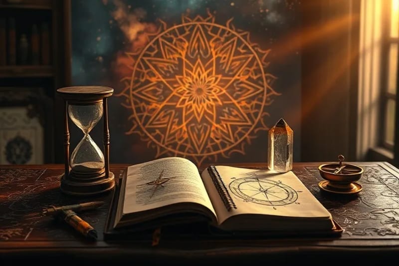 Una antigua brújula con símbolos esotéricos y números, rodeada de pergaminos y una pluma, sugiriendo la búsqueda de la dirección espiritual a través de la numerología.