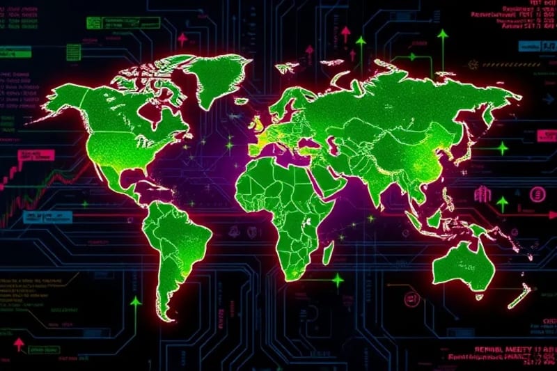 Mapa global estilizado con regiones emergentes destacadas en verde, mostrando iconos de energía renovable y crecimiento financiero.