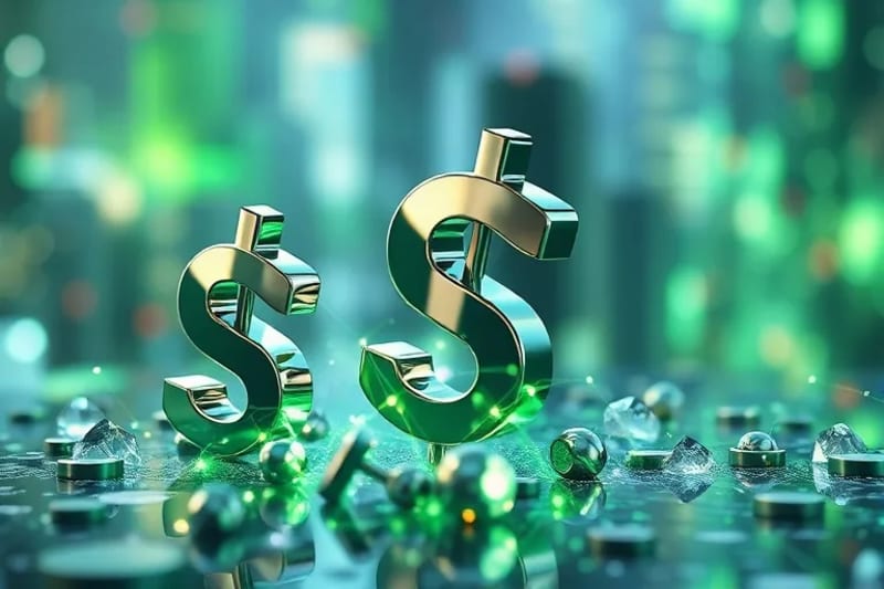 Símbolos financieros entrelazados con elementos orgánicos verdes, representando la fusión de finanzas y sostenibilidad.