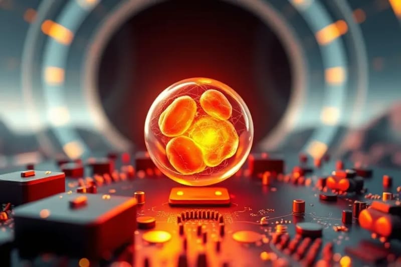 Render 3D de una célula humana vibrante, simbolizando longevidad y rendimiento óptimo.