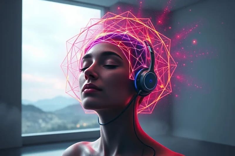 Serene individual meditating with biofeedback headset visualizing brainwave patterns