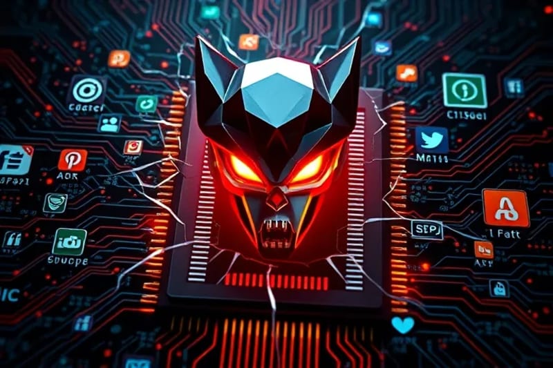 Representación artística de un criptido digital emergiendo de una pantalla rota, compuesto por circuitos y símbolos de internet.