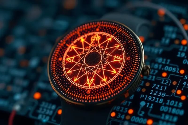 Close-up of a sophisticated wearable device with ancient runic patterns and digital data