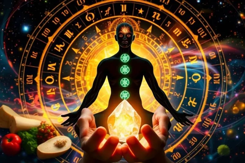 Representación artística de la conexión entre el cuerpo humano, los chakras y una variedad de alimentos saludables, con un cristal irradiando energía en primer plano.