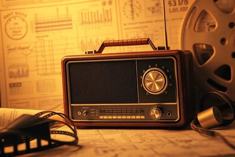 Detalle de un antiguo rollo de piano perforado, superpuesto con diagramas esquemáticos de circuitos y ondas de radio, en un entorno de laboratorio vintage con luz tenue. La composición simboliza la fusión de la mecánica musical y la ingeniería de comunicaciones.