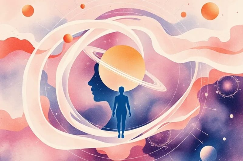 Abstract watercolor of planetary orbits influencing a human silhouette