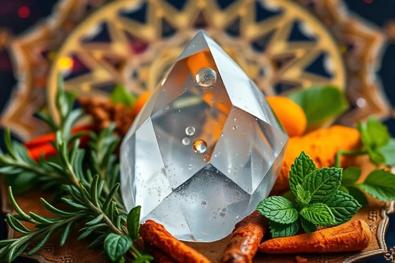 Primer plano de un cristal de cuarzo transparente sobre hierbas frescas y especias, con gotas de agua, simbolizando la infusión energética en la cocina.