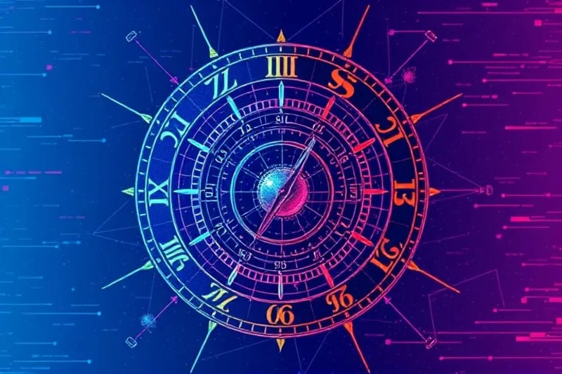 Vector art of a cosmic clockwork with planets and aspect lines, illustrating applying and separating energies