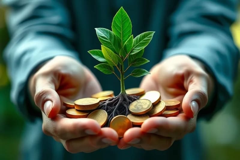 Manos sosteniendo una planta que crece de monedas, simbolizando inversión sostenible