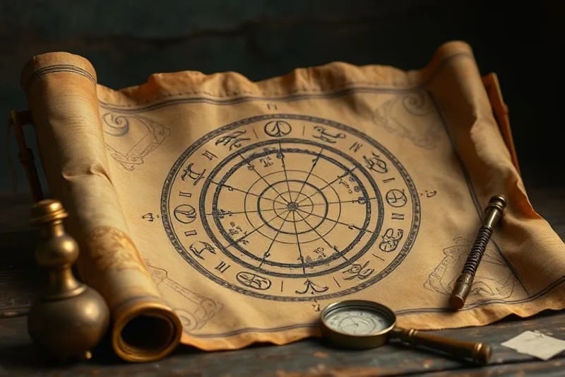 Oil painting of an ancient scroll with an astrological chart and antique instruments, symbolizing detailed study
