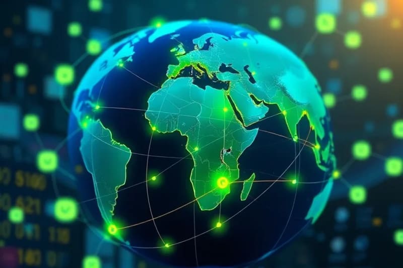 Globo con símbolos de energía verde y líneas de mercado interconectadas