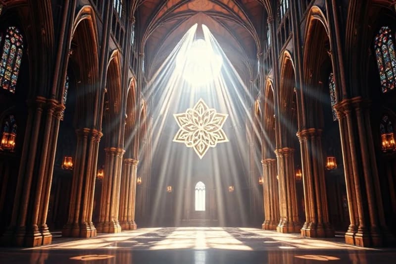 Ilustración digital vibrante de la Flor de la Vida con líneas luminosas interconectadas, mostrando formas abstractas de alas angélicas y cuerpos celestiales, simbolizando la armonía universal y los planos divinos.