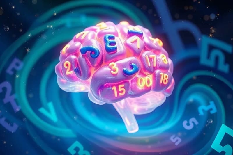 Cerebro cristalino emitiendo números luminosos en un vórtice de colores