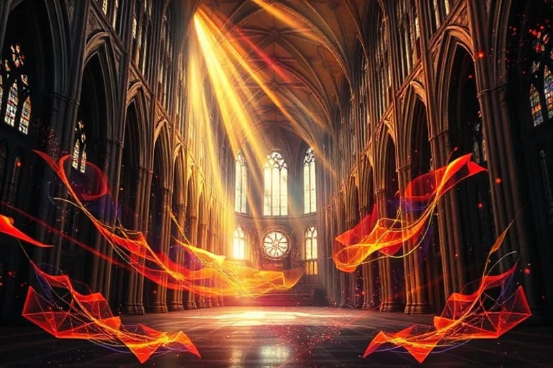 Representación conceptual abstracta de la conexión humana con la creación divina a través del arte, con pinceladas vibrantes formando una danza cósmica, con símbolos ocultos de notas musicales y elementos arquitectónicos.