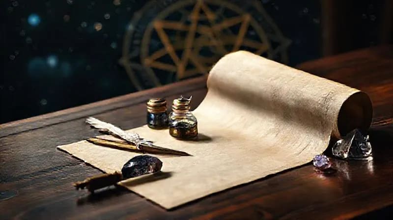 Still life of sigil creation tools like quill, ink, parchment, and crystals