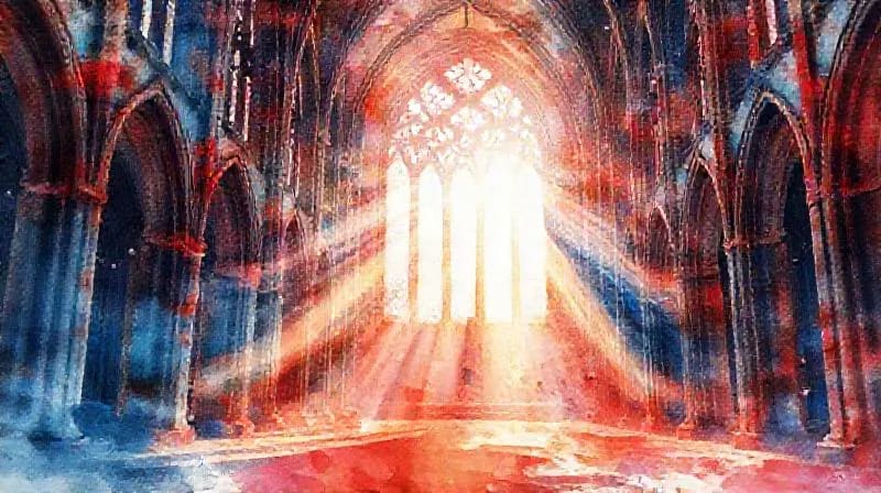 Pintura abstracta de acuarela con tonos vibrantes de rojo, azul y oro, que se mezclan y chocan, con formas sutiles que sugieren alas o símbolos celestiales emergiendo del caos.