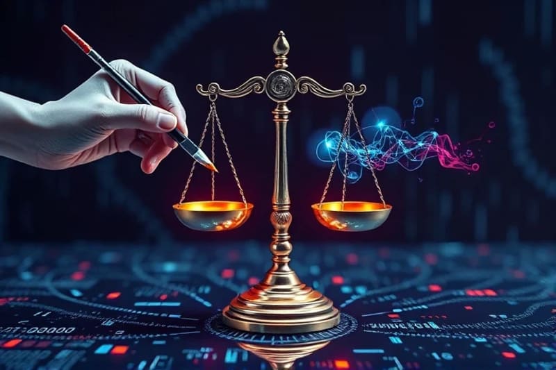 Ilustración vectorial de una balanza de la justicia, donde un pincel humano se contrapone a un brazo robótico creando arte digital, con símbolos legales y código binario.