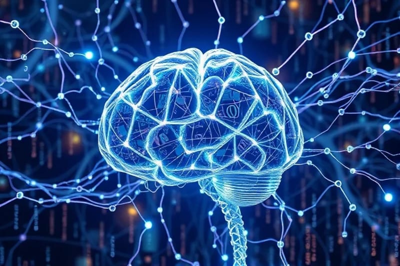 Render 3D de una intrincada red neuronal brillante, con fragmentos abstractos de imágenes y texto con derechos de autor integrados, y una escultura digital emergente.