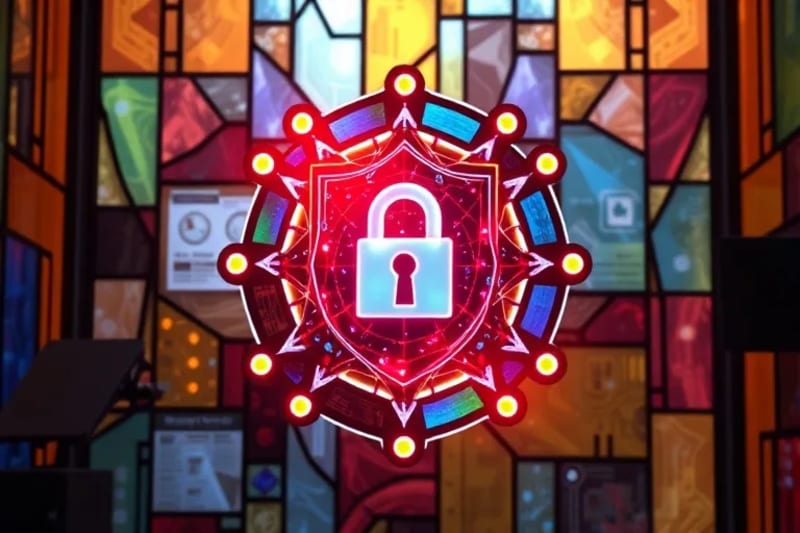 Nodo de red seguro estilizado, rodeado por un escudo protector de paquetes de datos, con símbolos cuánticos integrados, enfatizando la resiliencia y defensa futura.